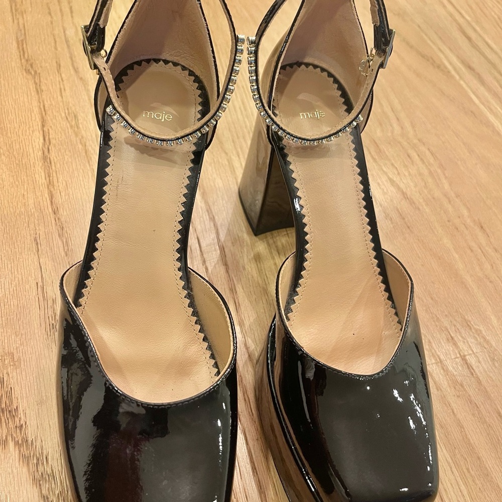 Maje Glossy Black Heels with Ankle Strap